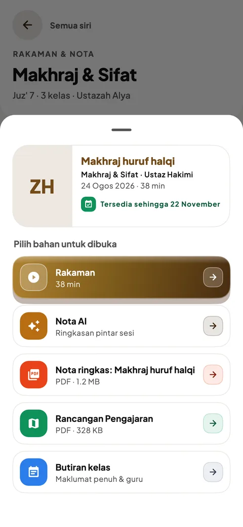 Bahan bagi satu kelas dalam aplikasi MyTalaqqi: rakaman, nota AI dan rancangan pengajaran