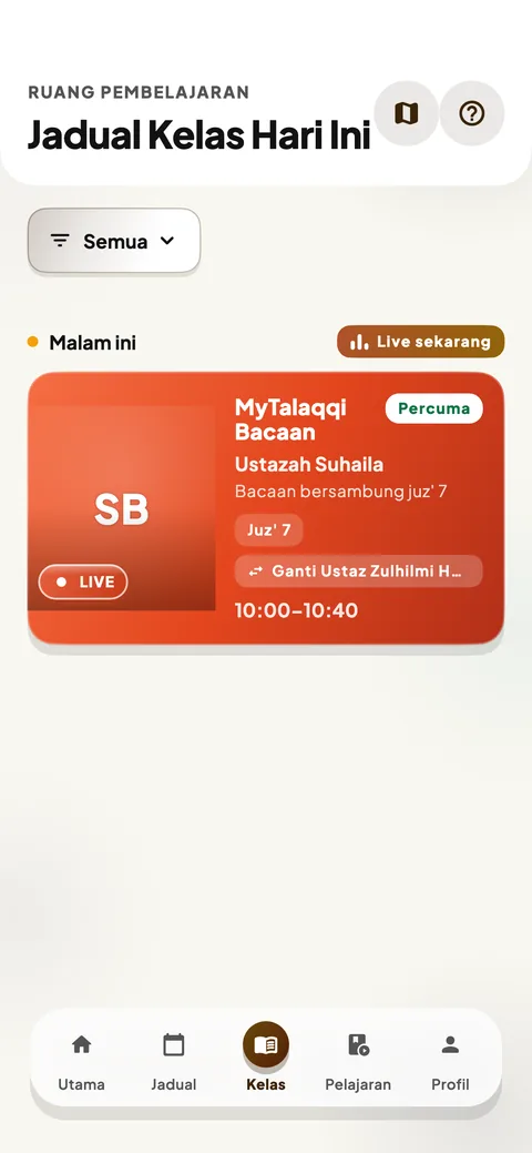 Skrin kelas hari ini dalam aplikasi MyTalaqqi, dengan satu kelas sedang live