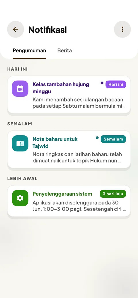 Skrin notifikasi dalam aplikasi MyTalaqqi, dengan peringatan kelas dan pengumuman