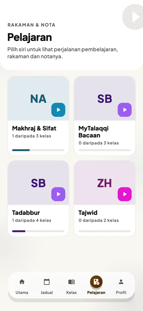 Skrin pelajaran dalam aplikasi MyTalaqqi, setiap siri dengan rakaman dan notanya