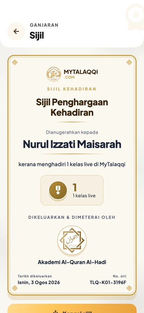 Sijil MyTalaqqi yang dianugerahkan kerana menghadiri kelas live